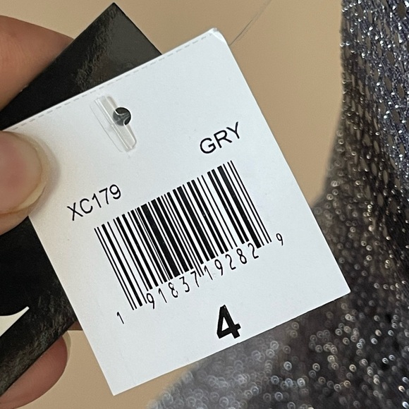 X BY XSCAPE | Gunmetal Gray Sequin Draped Neck Open Back Gown - Picture 9 of 11